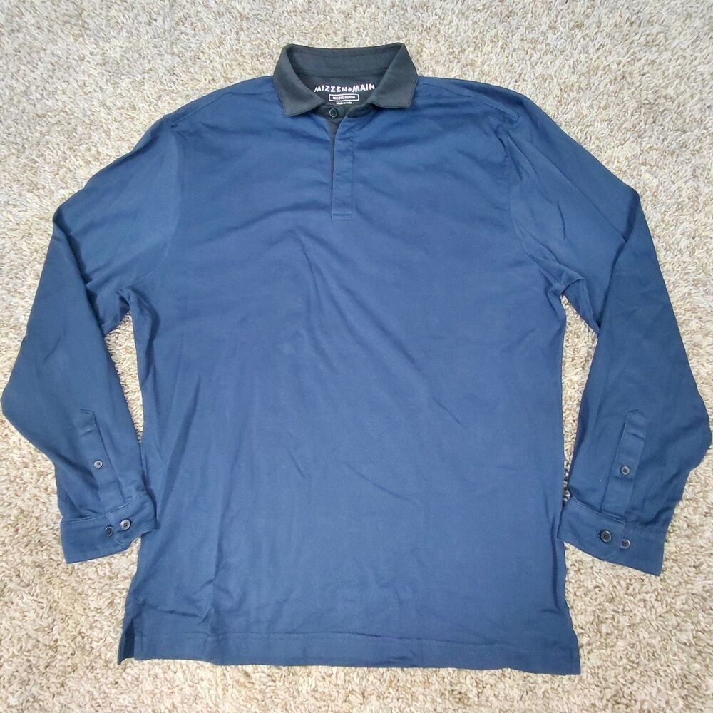 Mizzen + Main Polo Shirt Mens Medium Trim Fit Navy Blue Long Sleeve Cotton Poly